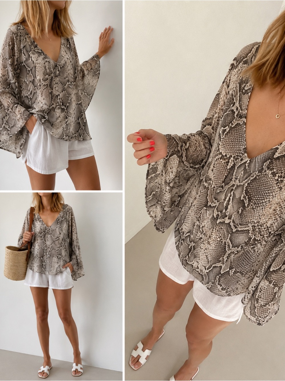 Show Me Your MuMu Long Sleeve Reptile Snake Print Blouse Bell Sleeve Deep V Neck